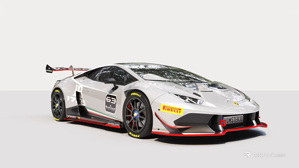 Silver Lamborghini Race Car With 63 Number Pirelli Logo Rear Wing And Racing Stripes 3d model 