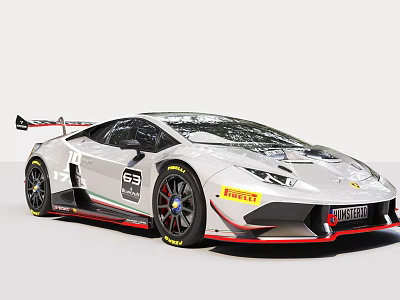 Silver Lamborghini Race Car With 63 Number Pirelli Logo Rear Wing And Racing Stripes 3d model