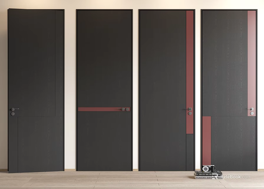Modern Black Hinged Doors With Red Decorative Strips For Interior Design 3d model