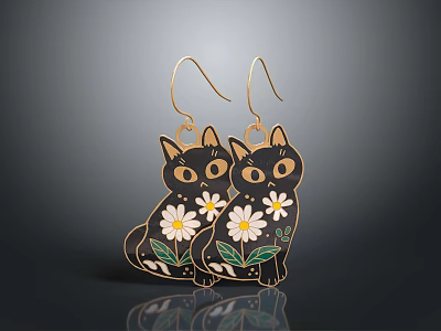 Delicate Black Cat Shaped Earrings With Daisy Flowers And Gold Hooks 3d model