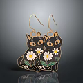 Delicate Black Cat Shaped Earrings With Daisy Flowers And Gold Hooks