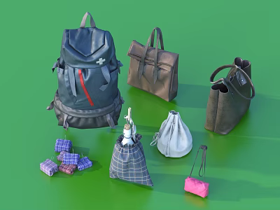 Colorful Striped Checkered Bags And Boxes Including Backpack Handbag Pouch On Green Background 3d model