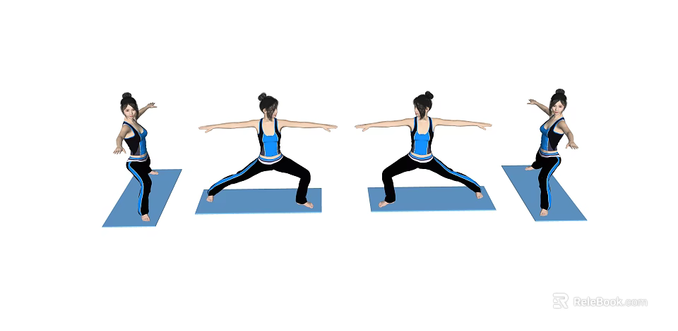 Woman Practicing Yoga In Different Angles With Blue And Black Sportswear On Blue Yoga Mat 3d model 