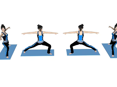 Woman Practicing Yoga In Different Angles With Blue And Black Sportswear On Blue Yoga Mat 3d model