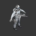 Man in White Spacesuit Holding Futuristic Gun in Standing Pose