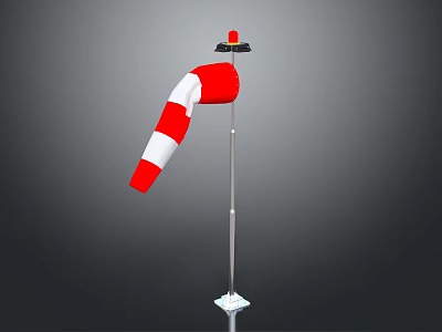 Red And White Striped Flag On Metal Pole With Red Warning Light Base Stand 3d model