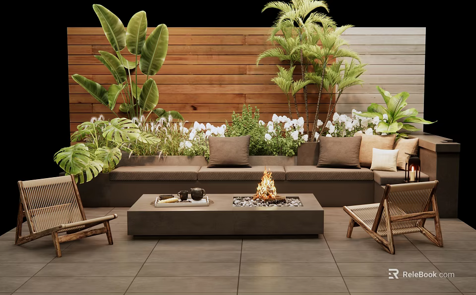 Outdoor Sofa Area with Fire Pit Coffee Table Lush Plants Rattan Chairs and Wooden Wall 3d model 