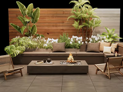 Outdoor Sofa Area with Fire Pit Coffee Table Lush Plants Rattan Chairs and Wooden Wall 3d model