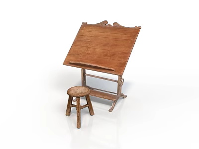 Classic Wooden Drawing Table With Matching Stool For Home Office Furniture 3d model