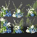 Elegant Blue And White Floral Arrangements In Vase With Green Leaves