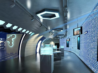 Modern Corridor With Blue Mosaic Walls Hexagon Lights TV Screens And Display Counters 3d model