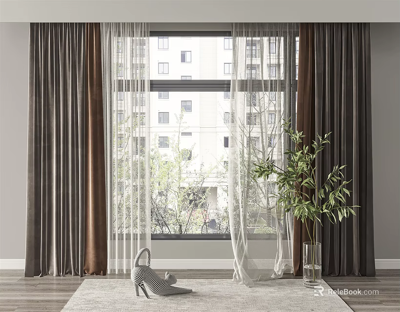 Gray And Brown Curtains With Sheer Layers In Window Space With Green Plant And Rug 3d model 