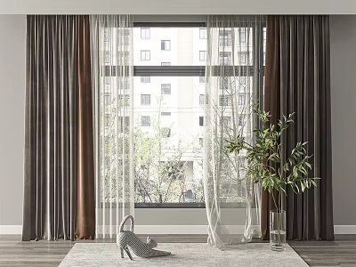 Gray And Brown Curtains With Sheer Layers In Window Space With Green Plant And Rug 3d model