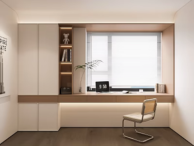 Modern Bay Window Cabinet With Workspace Bookshelf Potted Plant And Storage Design 3d model