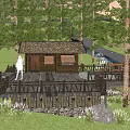 Rustic Lodge With Thatched Roof Wooden Platform And Outdoor Rest Area Surrounded By Green Trees