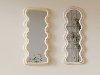Two Wavy Framed Mirrors On Light Wall With Plant Reflections 3d model