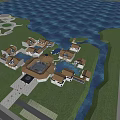 Large Waterside Architectural Complex With Brown Roofs And Green Lawns 3d model
