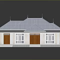 Single Storey House Exterior With Blue Roof Brown Wooden Doors Steps And Green Lawn
