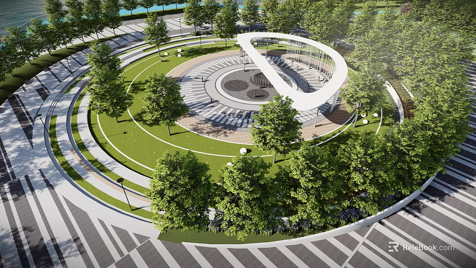 Scenic Park Landscape With Circular Plaza Winding Paths Green Lawns And Trees 3d model 