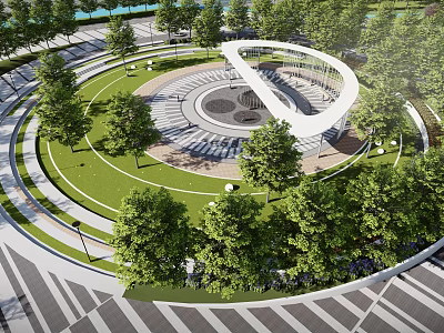 Scenic Park Landscape With Circular Plaza Winding Paths Green Lawns And Trees 3d model