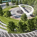 Scenic Park Landscape With Circular Plaza Winding Paths Green Lawns And Trees