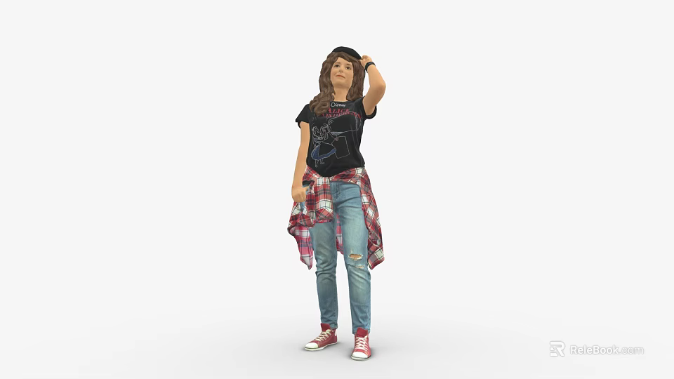Young Woman In Casual Style Wearing Black T-Shirt Plaid Shirt Ripped Jeans And Sneakers With Hat 3d model 