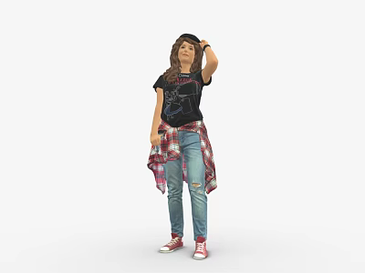 Young Woman In Casual Style Wearing Black T-Shirt Plaid Shirt Ripped Jeans And Sneakers With Hat 3d model