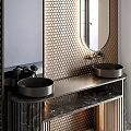 Modern Bathroom Vanity With Double Sinks Round Mirrors Honeycomb Walls And LED Lighting