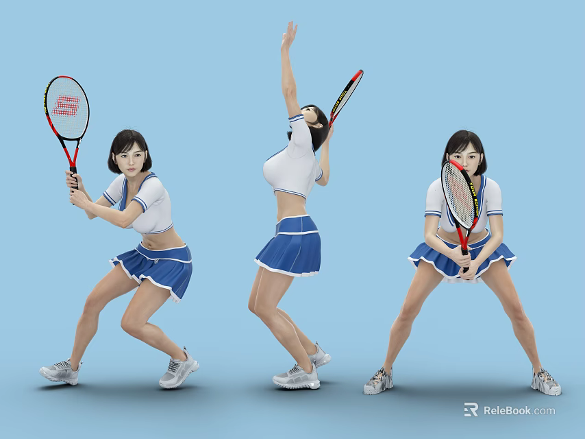 Woman In White Top And Blue Skirt Playing Tennis With Racket In Different Poses 3d model 