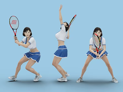 Woman In White Top And Blue Skirt Playing Tennis With Racket In Different Poses 3d model