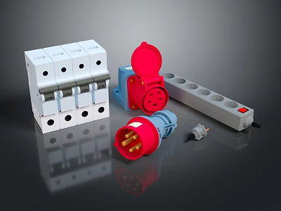 Electrical Components Collection With Circuit Breaker Socket Plug And Power Strip 3d model