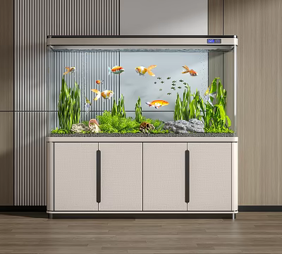 Modern Aquarium with Goldfish Aquatic Plants Decorative Stones on White Cabinet Stand in Modern Interior 3d model
