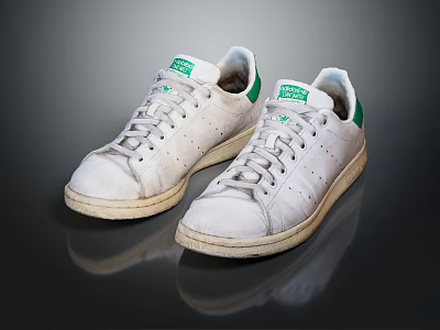 White Worn Classic Sneakers With Green Accents And Lace Up Design 3d model