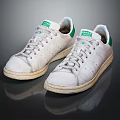 White Worn Classic Sneakers With Green Accents And Lace Up Design