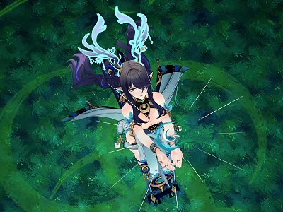 Anime Style Woman With Dark Hair Ornate Outfit And Decorative Wings In Green Natural Background 3d model