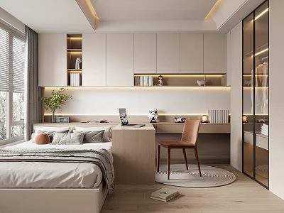 Modern Tatami Bedroom Interior With Bed Desk Chair Cabinets And Natural Lighting 3d model