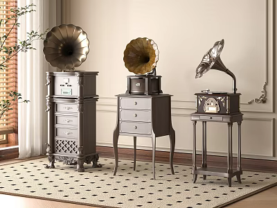 Vintage Gramophones With Wooden Drawers In Classic Room Interior Featuring Rug And Plant 3d model
