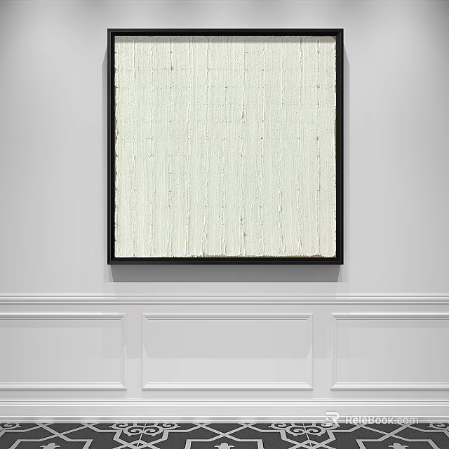 Black Framed White Abstract Painting On Minimalist White Wall With Wainscoting 3d model 