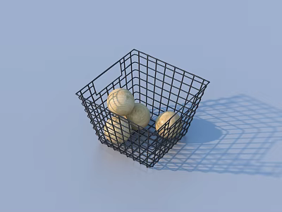 Metal Wire Storage Basket with Round Potatoes on Light Blue Background 3d model