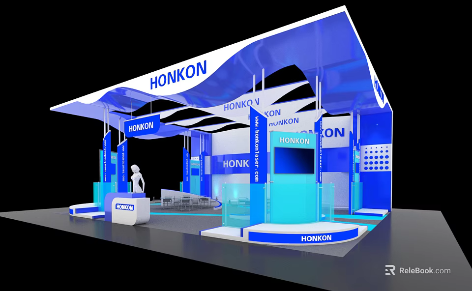 HONKON Exhibition Booth Featuring Blue Structural Design Display Screen and Reception Counter 3d model 
