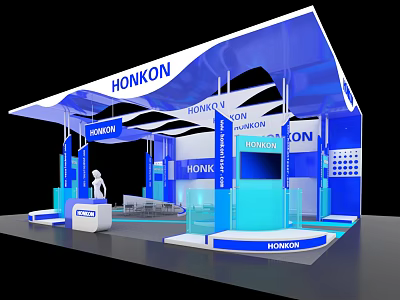 HONKON Exhibition Booth Featuring Blue Structural Design Display Screen and Reception Counter 3d model