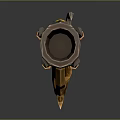 Silver Metallic Blaster Weapon With Long Cylindrical Body Yellow Accents And Brown Tassel Details