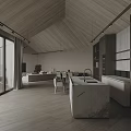 Minimalist Modern Dining and Living Room With Wooden Ceiling Dining Table Large Windows and Sofa