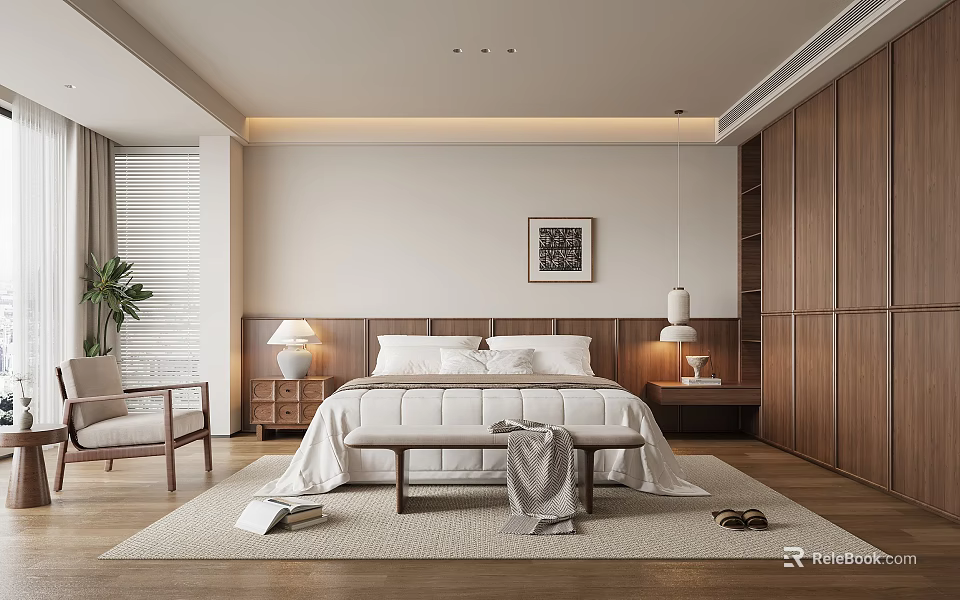 Modern Bedroom Interior With King Size Bed Wooden Wardrobe Nightstand Lamps And Area Rug 3d model 