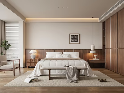 Modern Bedroom Interior With King Size Bed Wooden Wardrobe Nightstand Lamps And Area Rug 3d model