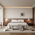 Modern Bedroom Interior With King Size Bed Wooden Wardrobe Nightstand Lamps And Area Rug