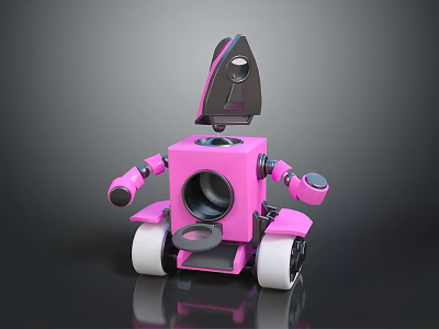 Cute Pink Cartoon Robot With Square Body White Wheels And Black Details 3d model