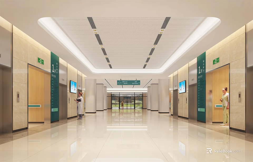 Modern Hospital Outpatient Clinic Spacious Hall With Elevators Direction Signs And Display Screens 3d model 