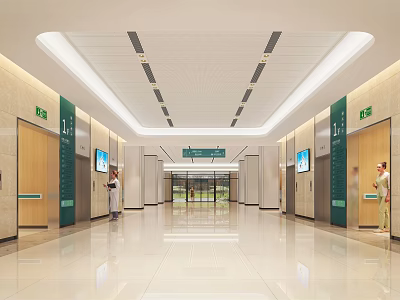 Modern Hospital Outpatient Clinic Spacious Hall With Elevators Direction Signs And Display Screens 3d model