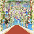 Banquet Hall Interior With Hanging Floral Decor Green Red Drapes Archway And Pink Chairs